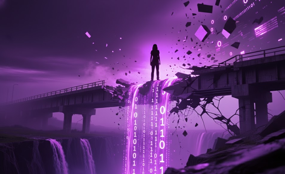 A picture of a bridge with a female silouhette and coding attributes